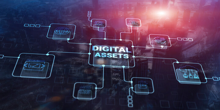 Digital Assets Business Management System Concept on modern city background