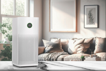 Air purifier health technology in cozy modern bedroom and cleaning removin dust PM2.5 , Air purifier for fresh air and healthy life , Health care Air Pollution Concept