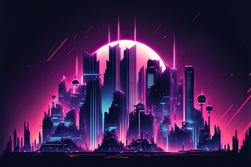 Vector illustration urban architecture, cityscape with space and neon light effect. Generative AI