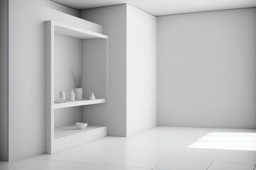 Fototapeta na wymiar White, minimalistic, vacant interior architecture studio background wall display products. Generative AI