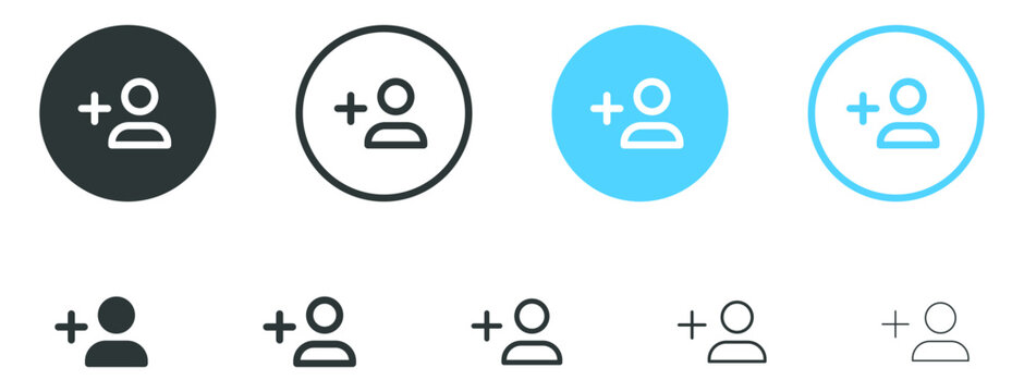 Add user icon, new friend icon with plus symbol. follow, account, invite, create, follower icons. vector male person profile avatar icon button