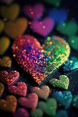 Beautiful colorful glittering hearts, rainbow hearts, sequins, St. Valentine's Day, Generative AI