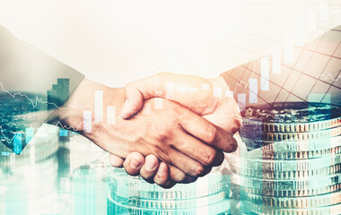 Business handshake on finance prosperity and money technology asset background . Economy and...