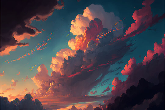 angled colorful dramatic cloudscape, clouds and sunlight painting in animated style