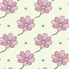 Seamless pattern pink flower line doodle hand drawing abstract isolated on yellow background