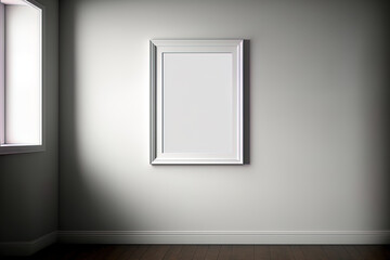 Empty white frame near wall whit room. Generative AI