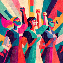 geometric shapes forming three women together with fists raised protesting, abstract impressionist painting style, generative ai