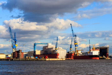 Port of Hamburg with loading cranes on the river Elbe in Hamburg, Germany