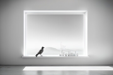 Blurred minimalist trendy vacant room with panoramic windows and a white table top or shelf with a minimalist bird ornament, modern interior design. Generative AI