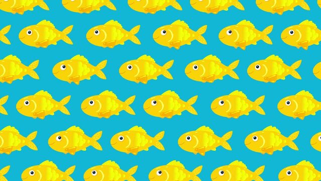 Fish cartoon golden yellow character pattern wallpaper on blue background. Cute children swimming animal animation good as backdrop for intro, party, television programme, presentation, etc..
