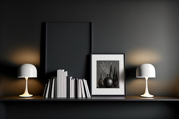 Front view on dark living room interior with two empty white posters, shelves, grey wall, books, lamps and crockery. Concept of minimalist design, modern art. Mock up. Generative AI