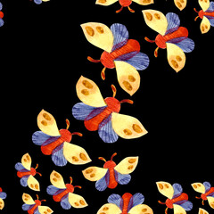 Seamless watercolor pattern with butterflies on a dark background. Summer, spring, warm season. Aquarelle illustration. 