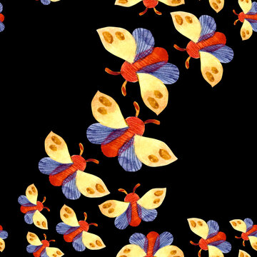 Seamless watercolor pattern with butterflies on a dark background. Summer, spring, warm season. Aquarelle illustration. © natalia