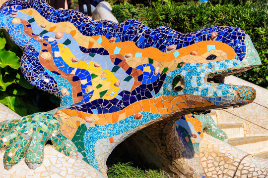 Multicolored mosaic dragon salamander of Gaudi in Park Guell, Barcelona, Spain