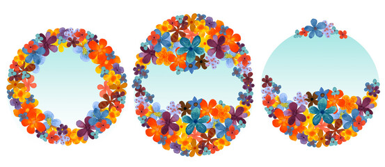 Watercolor set with colorful flowering elements. Set of spring and summer plants. Easter invitation. Aquarelle round background for invitations, holiday season. 