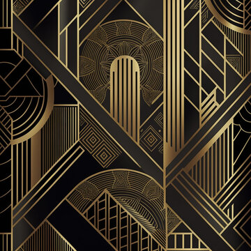 Art deco style geometric seamless pattern in black and gold. Vector illustration