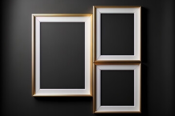 Golden frame on a black wall, six vertical white frame mockups. Generative AI
