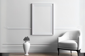 Mockup of a picture frame on a white wall. design of a living room. White space with no copy for displaying artwork. Generative AI