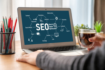 SEO search engine optimization for modish e-commerce and online retail business showing on computer...