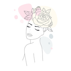 Minimal Line Drawing. Foce Woman Art Flower Images. Girl with flowers color template design. Line Vector illustration.