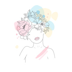 Minimal Line Drawing. Foce Woman Art Flower Images. Girl with flowers color template design. Line Vector illustration.