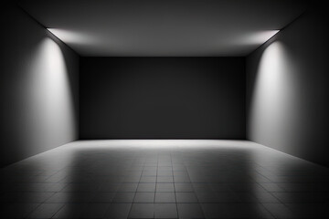 Perspective view on blank stone floor with place for product or car presentation in empty room with black walls and LED lights on ceiling. , mockup. Generative AI