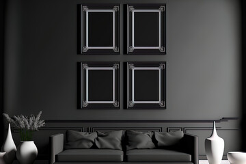 4 frames on the wall, a single color monochrome mockup scene of an interior room in shiny silver and black with no furniture in it. Generative AI