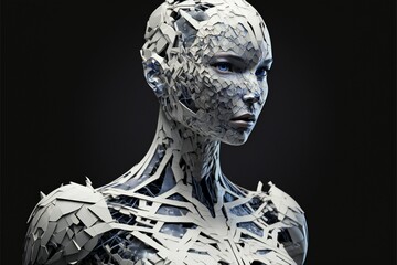 Girl robot made of polygons and scales on a dark background with copyspace. AI generated.