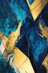 Fond de formes géométriques abstraites marbrées d'or et de bleu, peinture aquarelle