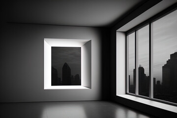 Modern gallery interior with empty mock up place on black wall installation, windows with city view and daylight. Museum and exhibition concept. Generative AI