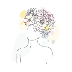 Minimal Line Drawing. Foce Woman Art Flower Images. Girl with flowers color template design. Line Vector illustration.