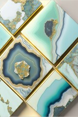 motif de carreaux géométriques en agate dendritique de couleur bleu pastel, vert et or
