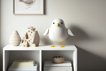 contemporary home design, white table top or shelf with minimalist bird ornament, birdie trinkets over blurring children's bedroom with bunk bed, parquet and decors. Generative AI