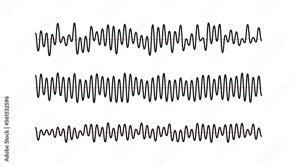 Aufkleber Sound wave signals set. Black audio track beats diagram collection. Voice or music sample concept. Pulse lines. Electronic radio graphics with different frequency and amplitude.