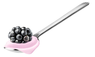 Spoon of fruit yogurt with blackberry on top