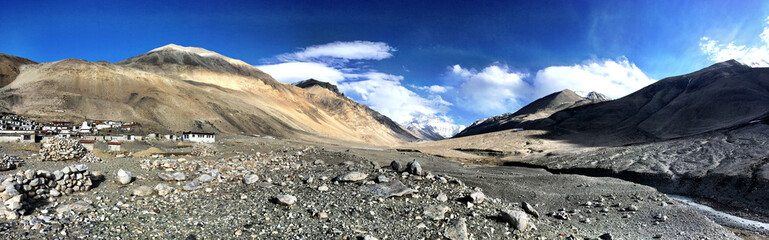 A panoramic view looking up Rongbuk Valley towards Mount Everest, the world's highest mountain, in the Himalayan Mountains in Tibet.