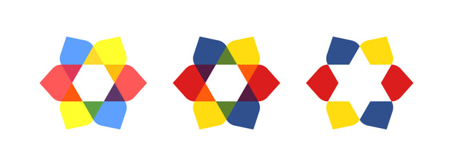 Set colorful geometric icon Jewish star of David and ornamental lotus flower vector illustration