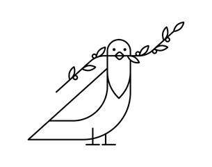 Cartoon outline pigeon with an olive branch in its beak vector illustration