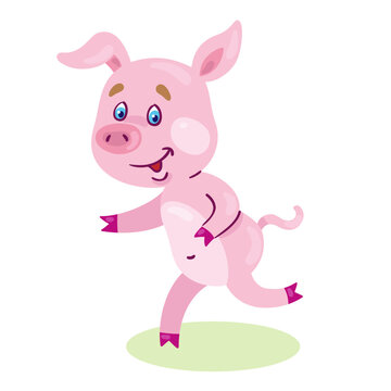 Little cute piglet runs. In cartoon style. Isolated on white background. Vector flat illustration