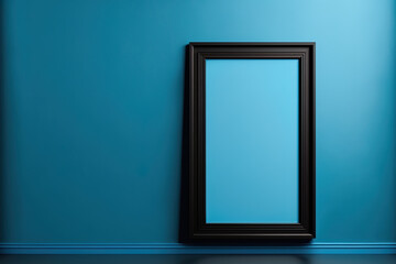 On a blue wall, a black picture frame is leaning. template for a blank mockup Vertical banner. Generative AI