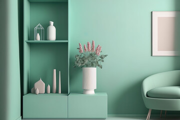 A great apartment's living room features a minimalist interior design with a fashionable shelf, a vase of flowers, a mint box, and attractive accessories. Copy space The color scheme of eucalyptus. Te