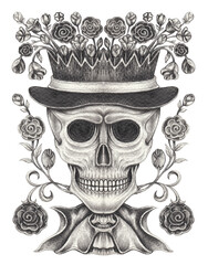 Art fancy surreal skull. Hand drawing on paper.
