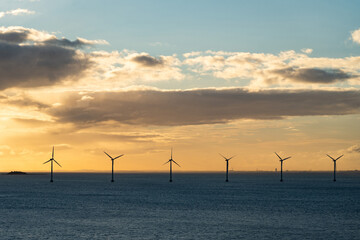 Wind farm generate electricity in the open sea during sunset. Environment and renewable technology