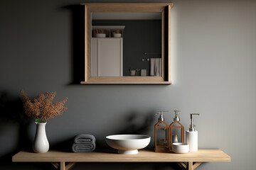 Obraz na płótnie Canvas On a wooden shelf stands a gray bathroom sink. a gray wall with a square mirror hanging on it. a lateral view. Generative AI