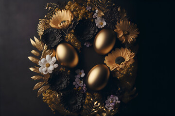 Golden eggs on dark background with flowers for banner, poster, flyer, brochure, with copy space, Generative AI