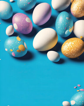 Blue background with easter eggs for banner, poster, flyer, brochure, with copy space, Generative AI
