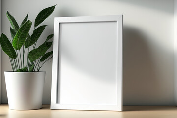 Mockup of a white, blank photo frame with a background. Generative AI