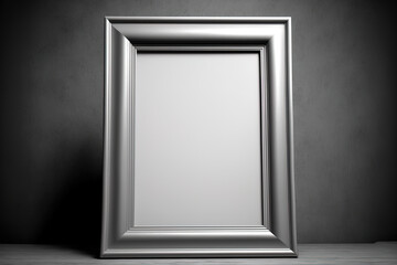 Gray backdrop with an empty wooden white photo frame. Generative AI