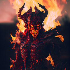 Demon standing in fire. Digital painting. - obrazy, fototapety, plakaty