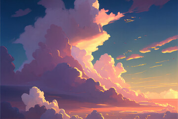 dramatic cloudscape, sunrise clouds and sunlight painting in animated style purple, pink, blue